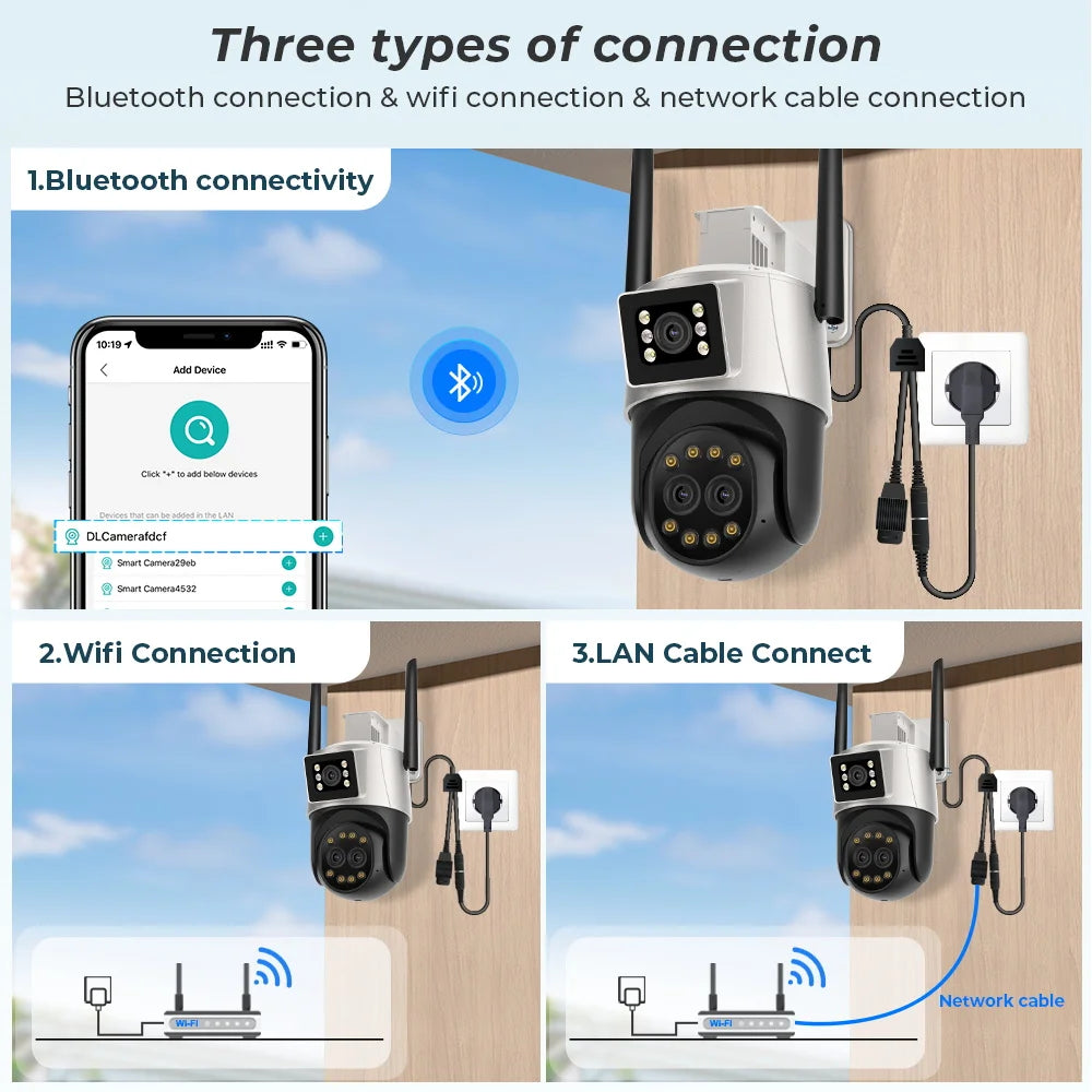 9MP 4.5K Three Lens WIfi  IP Camera Outdoor 8X Zoom Dual Screens AI Human Detect Auto Tracking  Home Security CCTV Surveillance