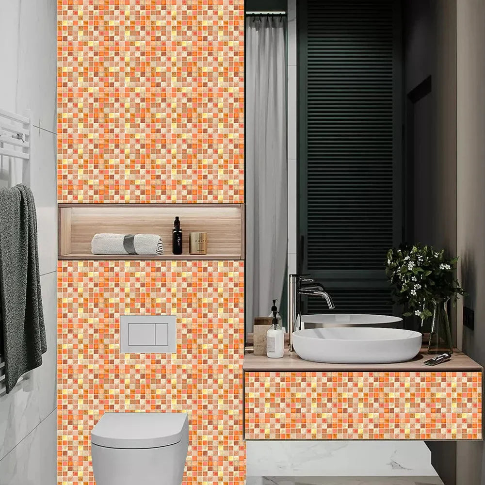 10pcs/set 10/15/20/30cm Flat Orange Marble Mosaic Hard Tiles Wall Sticker Kitchen Bathroom Home Decor Wallpaper PVC Art Mural