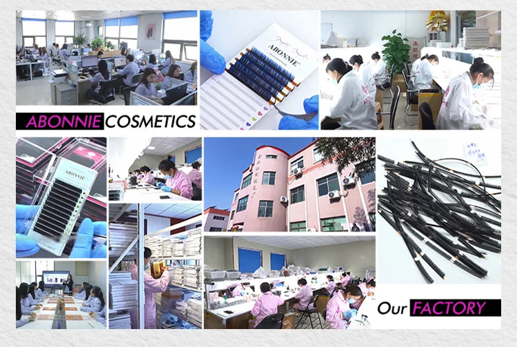 Collage showing Abonnie premade volume lash extension trays and factory production scenes with workers in pink uniforms.