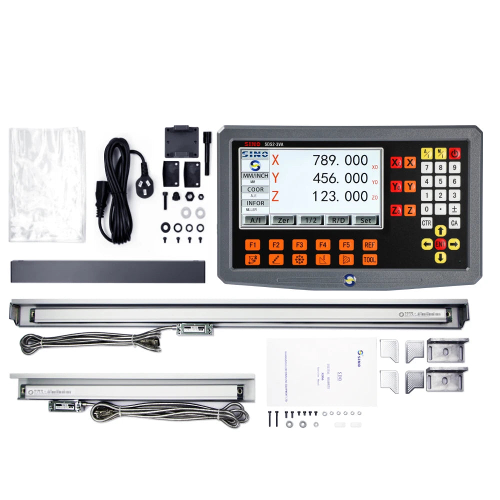 Complete DRO kit layout: digital display, two linear scales, wiring, and brackets