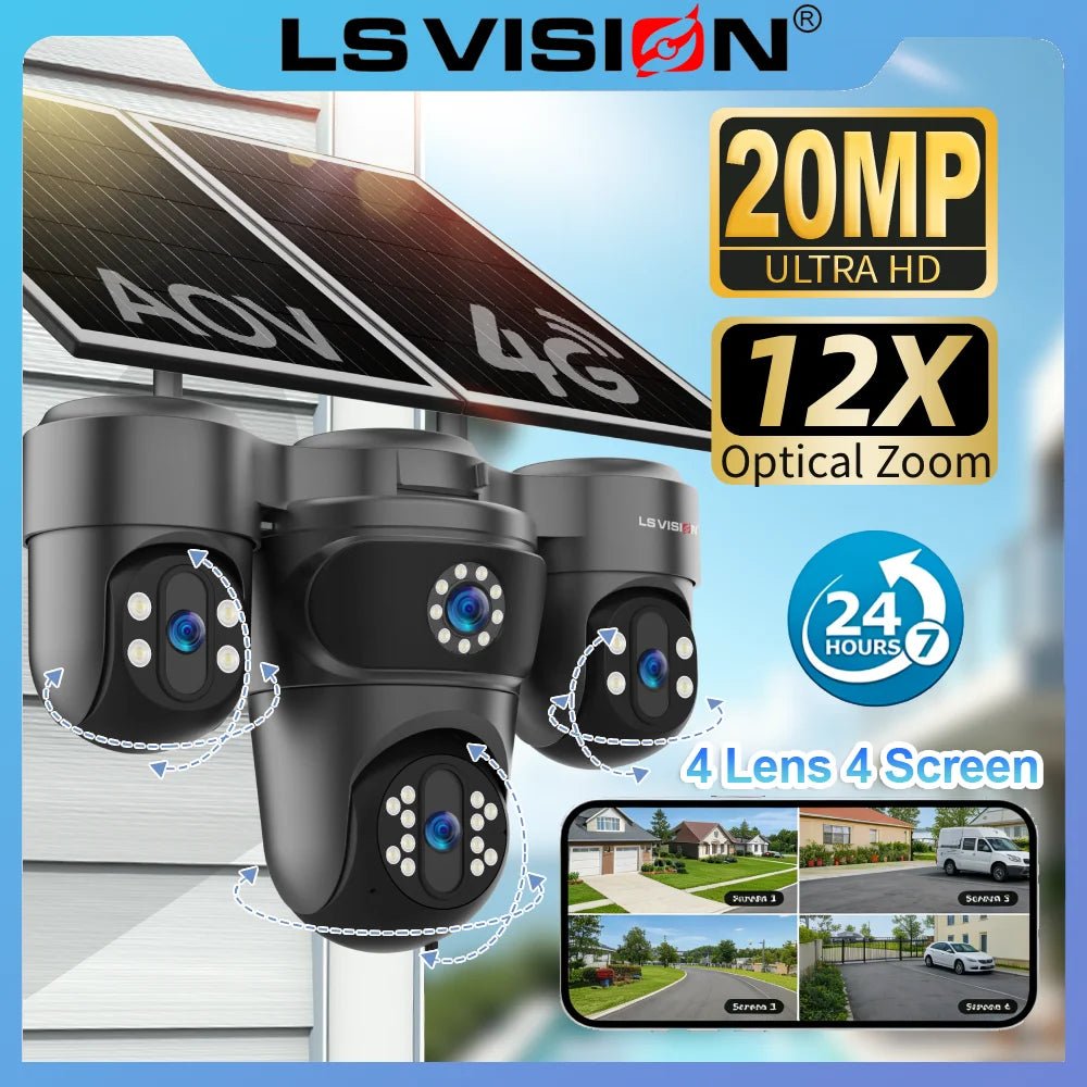 LS VISION 20MP 4 Screen 4G AOV  Solar Camera 12X Zoom 3 PTZ 360° 24/7 Video Recording  AI Humanoid Auto Tracking CCTV IP Camera