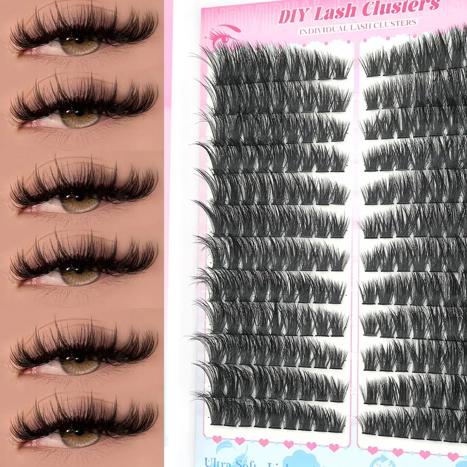 Tidesmit black DIY lash cluster tray with six varied eye style examples showing voluminous, ultra-lightweight lashes.