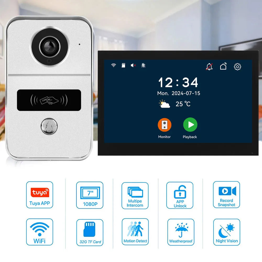1080P 7/10 Inch Touch Screen 2 Wire Video Doorbell Tuya Home Video Intercom System IC Card APP Unlcok with Electric Strike Lock