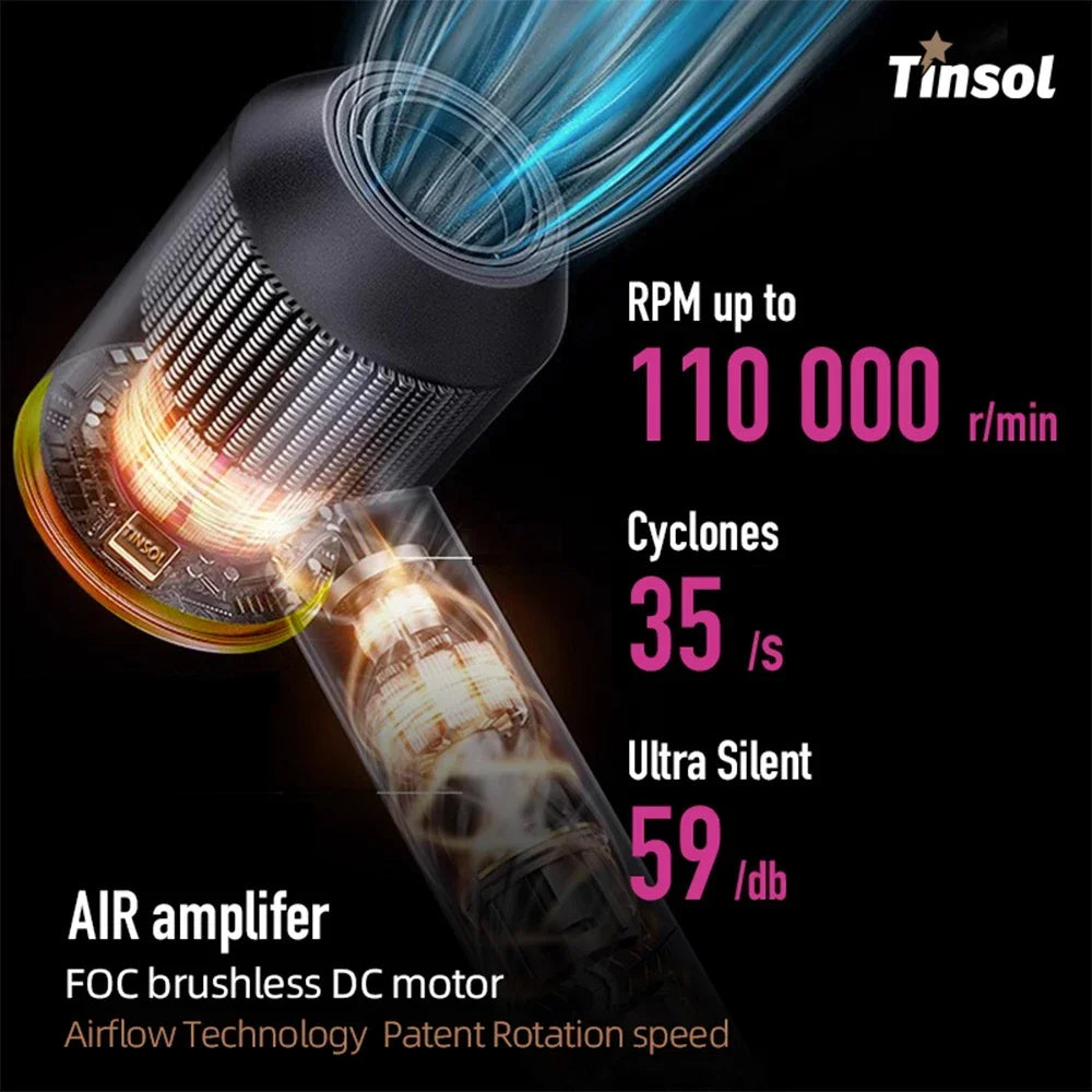 Tinsol 110,000rpm high-speed hair dryer with silent brushless motor and advanced airflow technology for fast drying.