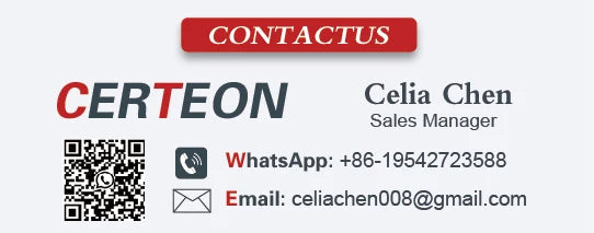 Misting sprinkler nozzle supplier contact card with CERT EON logo, phone, and email details