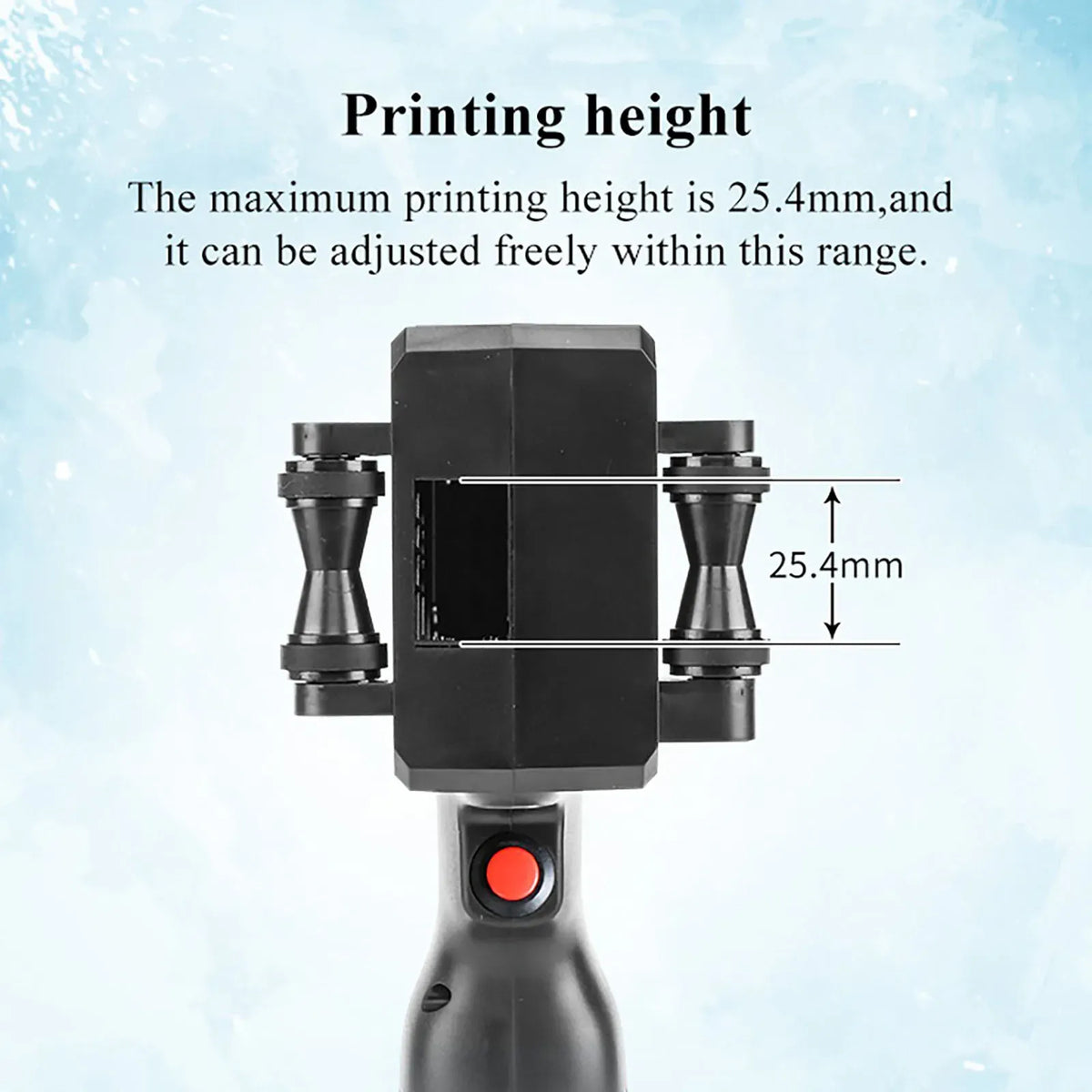 Handheld inkjet printer front view with adjustable printing height labeled 25.4mm