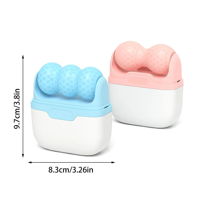 Two handheld face ice rollers in pastel blue and pink with dimpled rollers and white bases, showing dimensions.