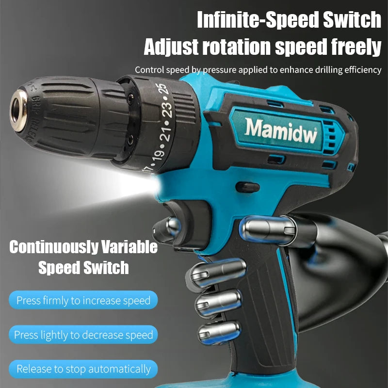 Mamidw 3/8'' 10mm Chuck Cordless Power Drill 25N.M 1150RPM Electric Screwdriver Drill for Daily Home Improvement Woodworking Tasks, For Makita 18V Battery PIN