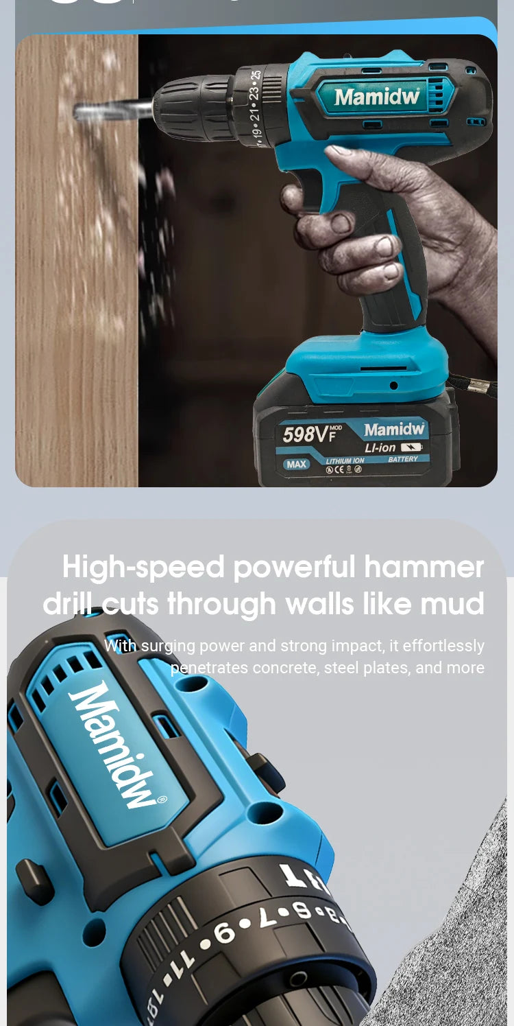 Mamidw 3/8'' 10mm Chuck Cordless Power Drill 25N.M 1150RPM Electric Screwdriver Drill for Daily Home Improvement Woodworking Tasks, For Makita 18V Battery PIN