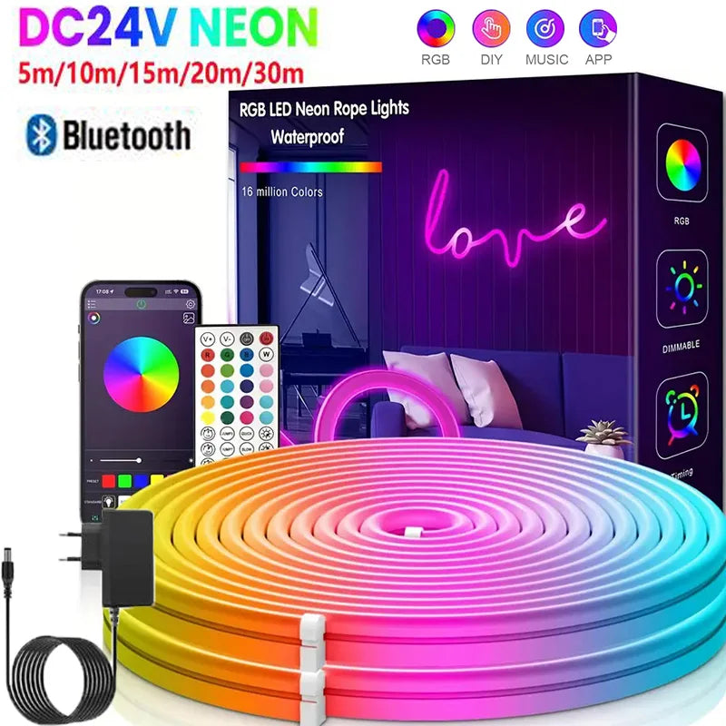 RGB Neon Light LED Rope Light Waterproof APP Remote Control Music Sync 24V Flexible DIY Silicone Strip Light for Indoor Outdoor