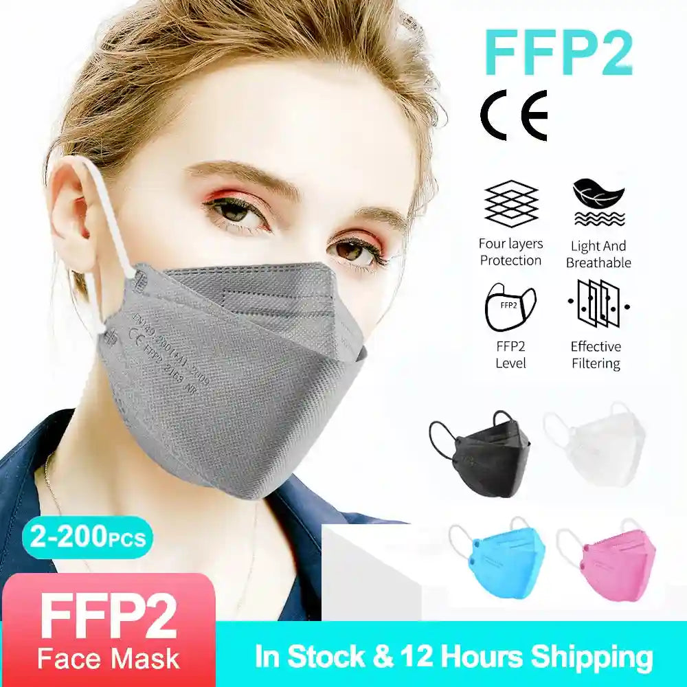 Woman wearing a grey, textured 4-layer FFP2 KN95 respirator mask with protective filter. Available in multiple colors.
