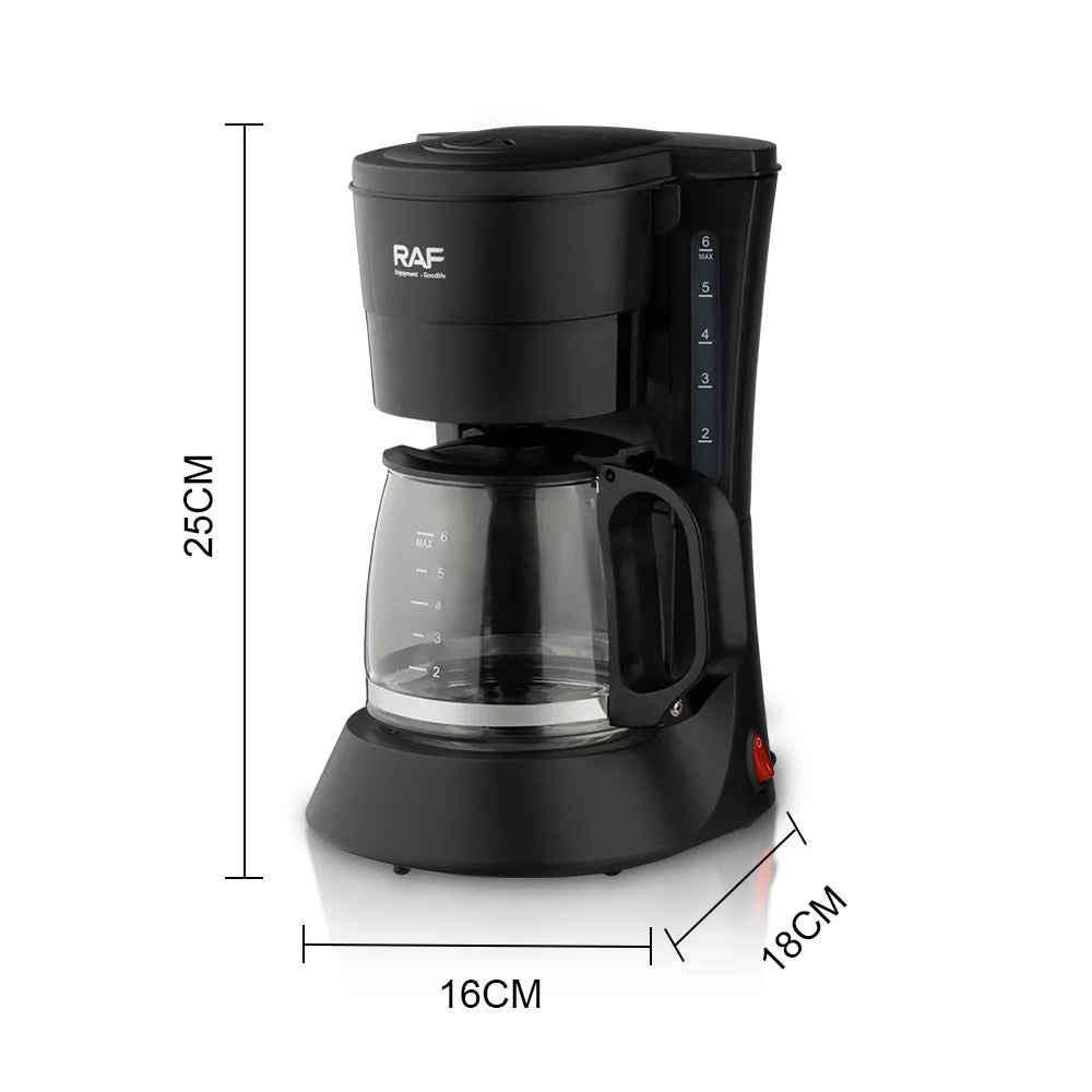 Black RAF 6-cup drip coffee maker with glass carafe and plastic housing, 25cm height, compact kitchen appliance.