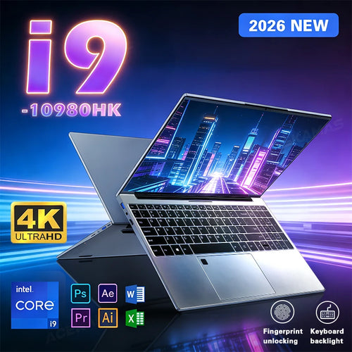 Slim silver laptop with 15.6" screen, thin bezels, backlit keyboard, and integrated fingerprint sensor on trackpad.