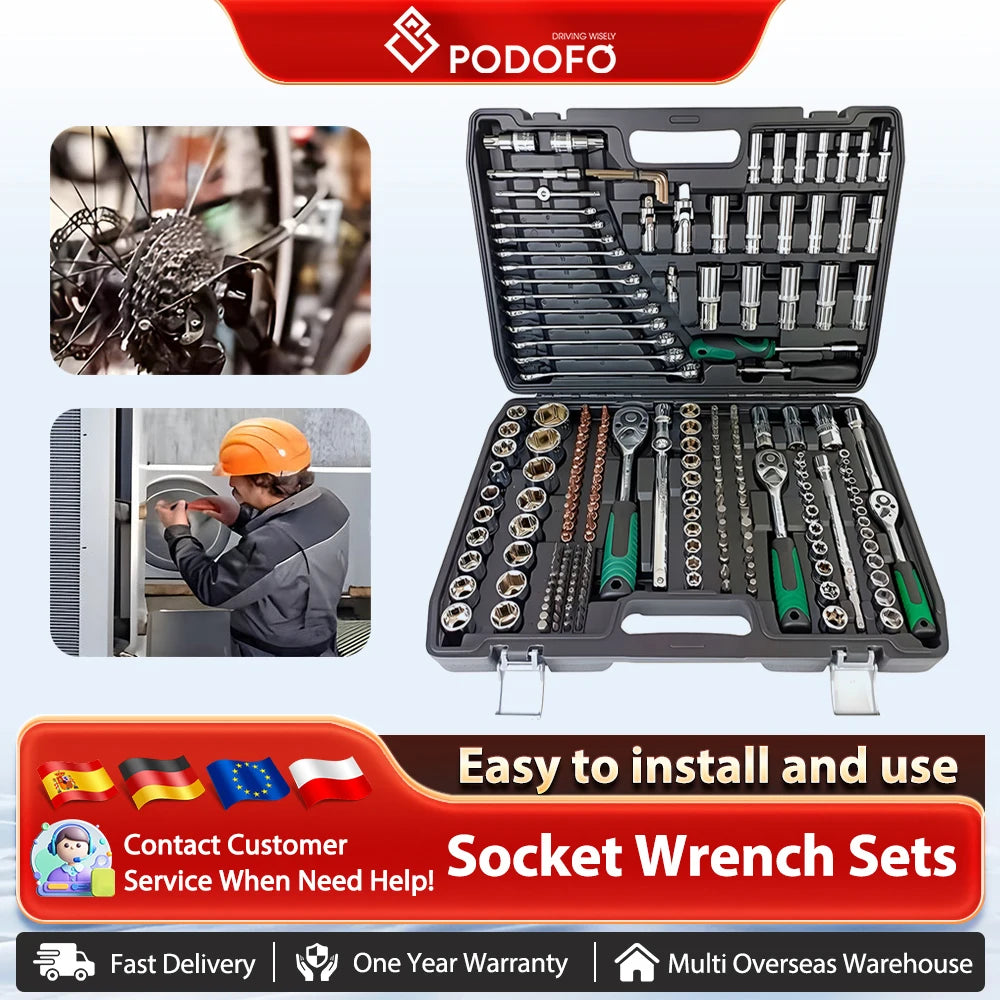 Podofo 216Pcs Advanced Auto Repair Mechanic Tools 1/4" 3/8" 1/2" Socket Wrench Sets Automotive Repair For Motorcycle Household