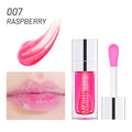 Raspberry tinted lip oil, moisturizing crystal jelly lip gloss with high-shine texture for plump, glossy lips.