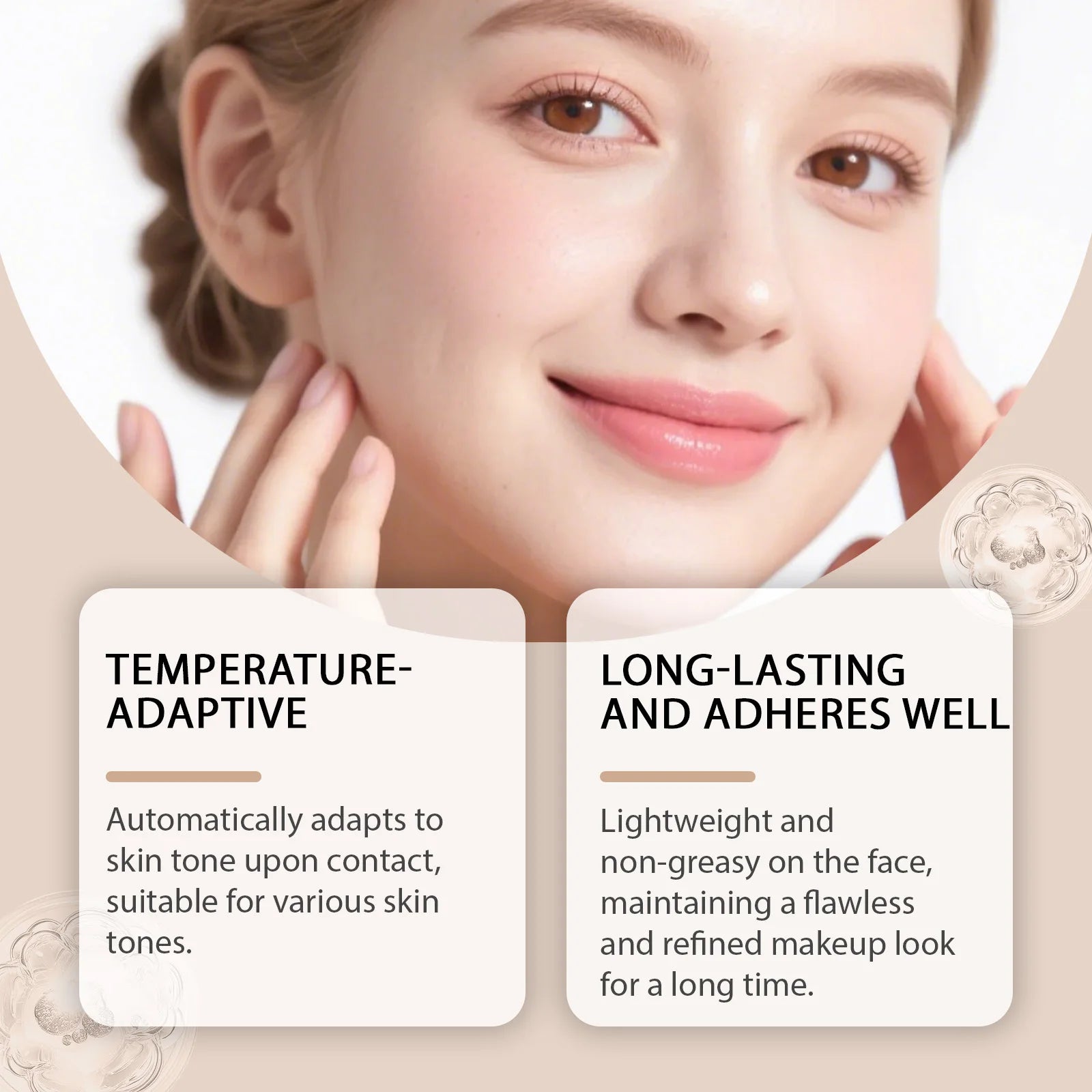Tidesmit color changing foundation texture close-up showing smooth waterproof base and natural tone adapting makeup