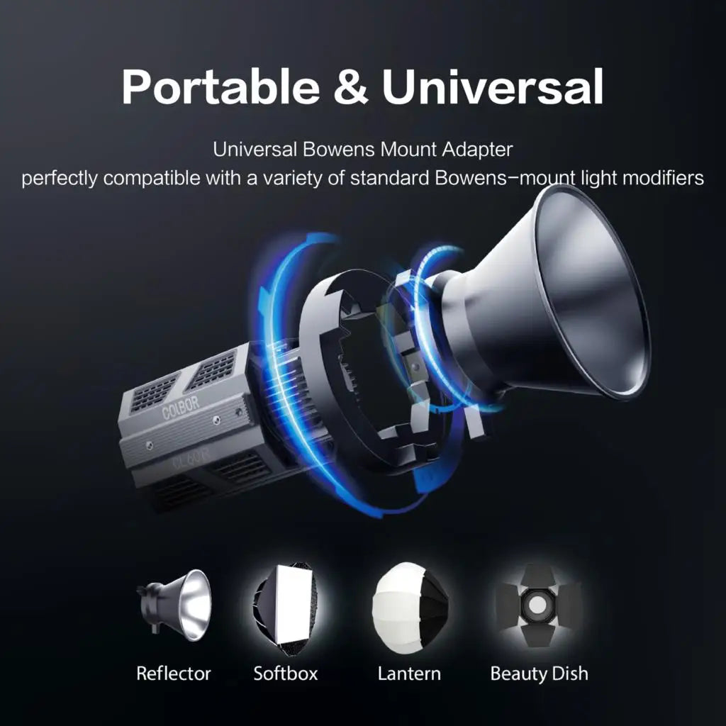 Bowens mount adapter for LED light, featuring a black circular frame to attach standard light modifiers like softboxes.