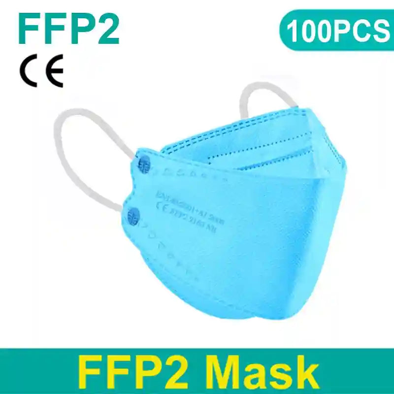 Bright blue 4-layer FFP2 KN95 respirator mask with textured fabric, comfortable ear loops, and CE certification.