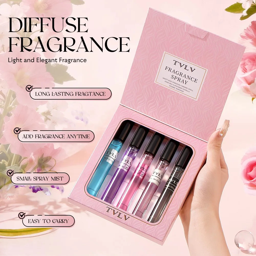 TVLV women’s luxury floral fruity vanilla perfume gift set, 5 long-lasting travel spray vials in pink box.