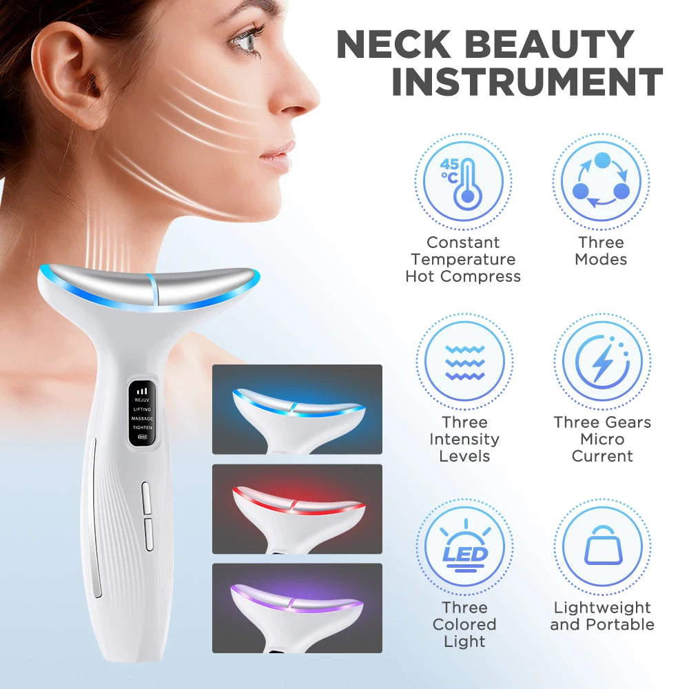 White, ergonomic EMS neck massager with 3-color LED light therapy heads and adjustable vibration intensity settings.