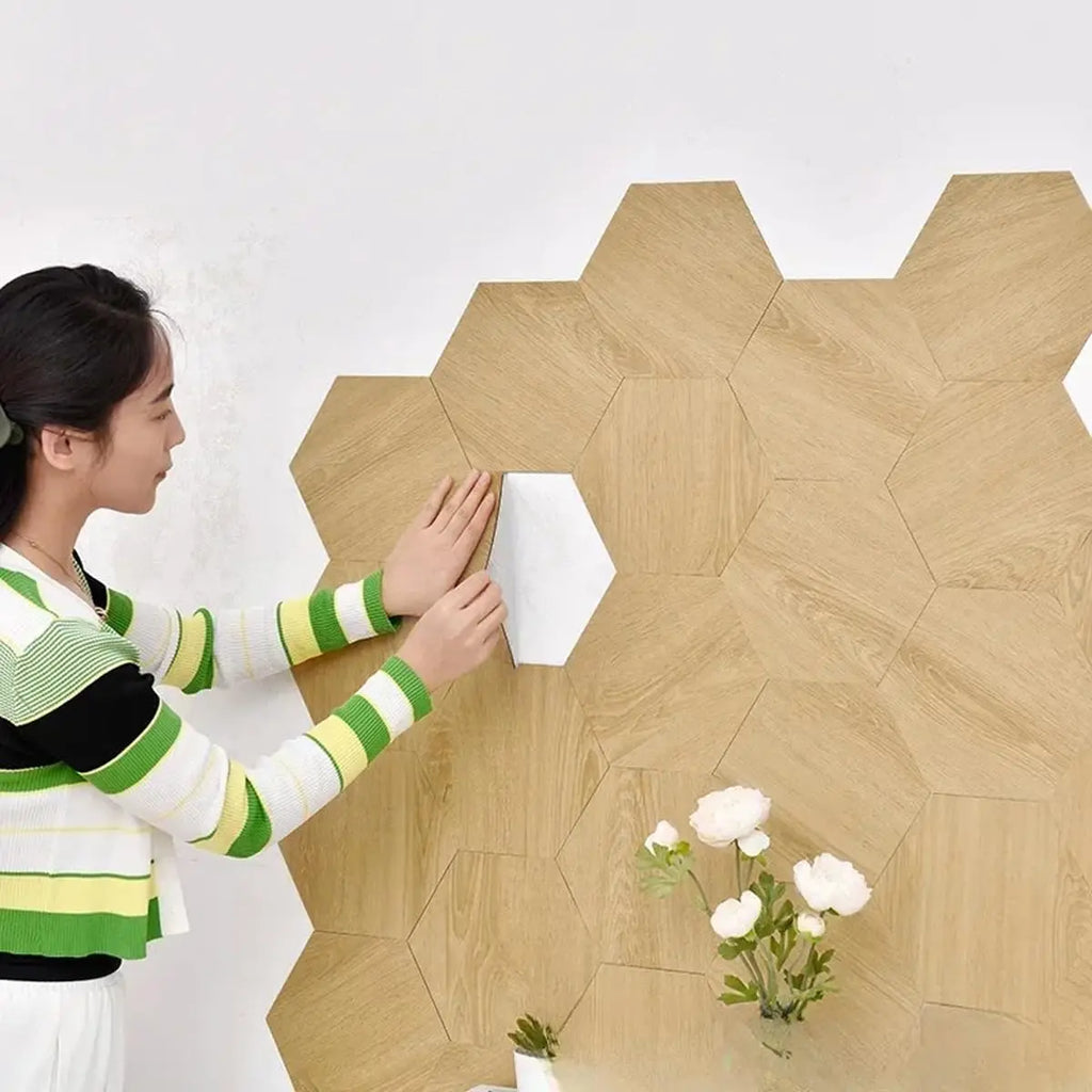 Hexagon Wood Grain Peel and Stick Floor Tiles Self Adhesive Waterproof Vinyl Wall Tile for Kitchen Bathroom Living Room Bedroom