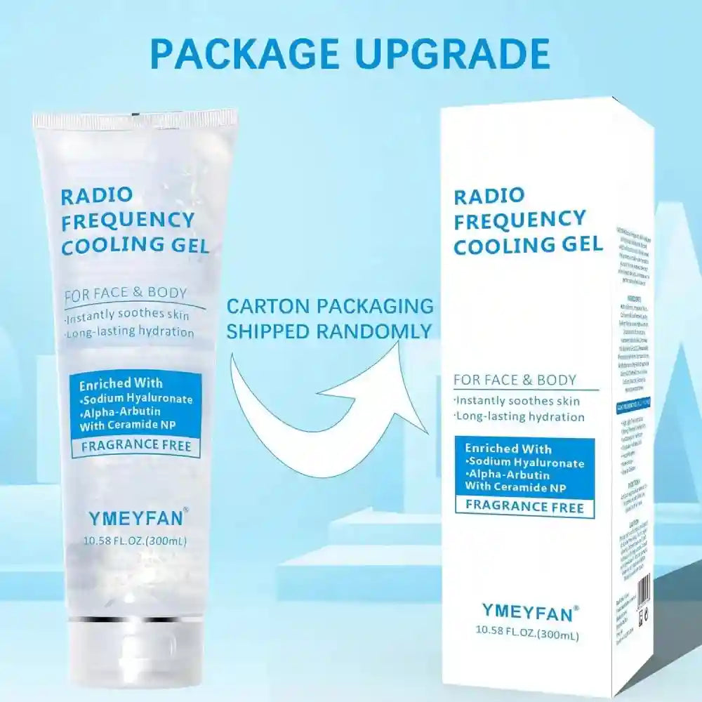 Clear tube and white box of YMEYFAN Radio Frequency Cooling Gel for face and body on a light blue background.