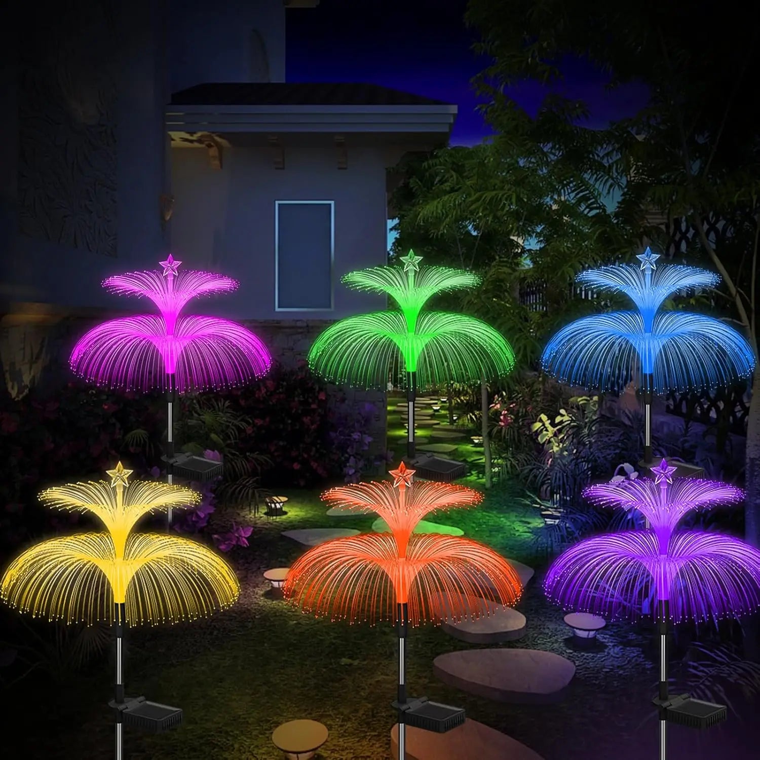 Solar Garden Lights 3 Pack New Upgraded Solar Lights Outdoor Waterproof 7 Color Changing Double Jellyfish and Star Flower Garden Decor Yard Lawn Christmas Outdoor,Gifts for Mother's Day Women