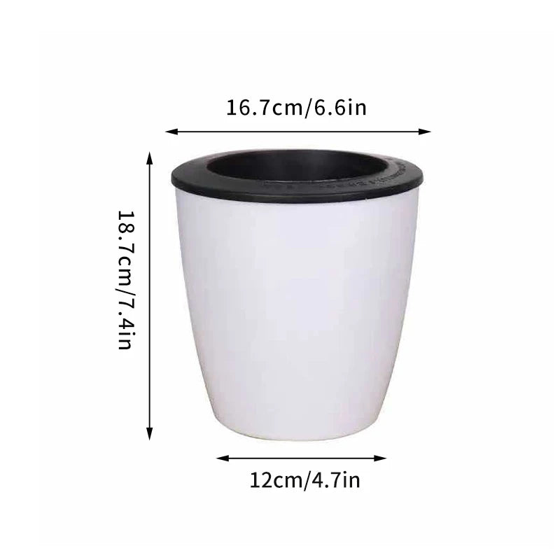 Self-watering plant pot, white with black rim and opening, 18.7cm tall, 12cm wide