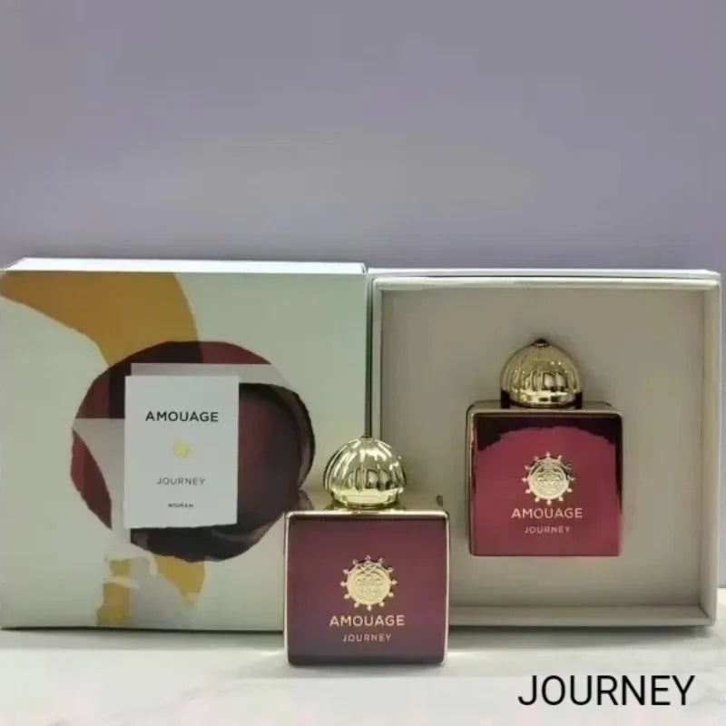 Amouage Journey Women EDP: Luxurious square red bottle with gold cap, elegant long-lasting feminine fragrance gift set.