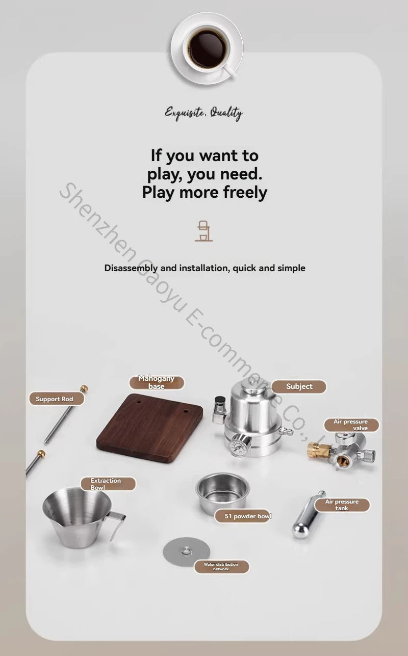 Manual espresso maker kit with stainless steel components, mahogany base, and 51mm portafilter basket on white table.