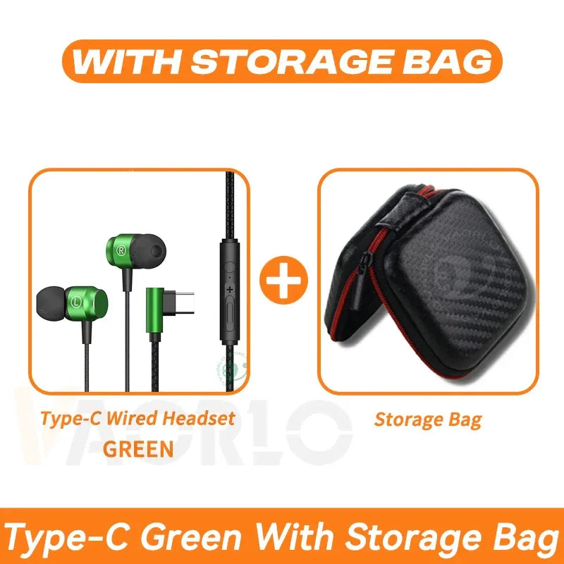 Metal Magnetic Gaming Earbuds 90° L Elbow Digital Type-C/3.5MM AUX 9D Surround HIFI Heavy Bass Music Headset For Samsung Android TypeC Green With Bag Tidesmit
