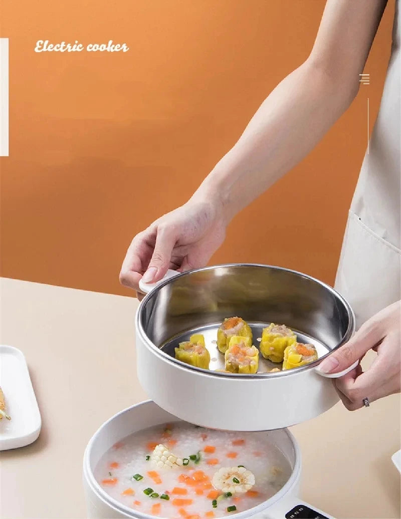 Electric cooking pot with hot food inside, hands holding the pot for serving