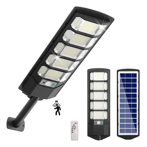 Outdoor solar LED street light with motion sensor, black housing and multi-panel LEDs