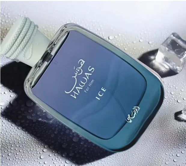Rasasi Hawas Ice for Him EDP 3.4oz: A cool, aquatic luxury fragrance in a sleek blue glass bottle with iced accents.