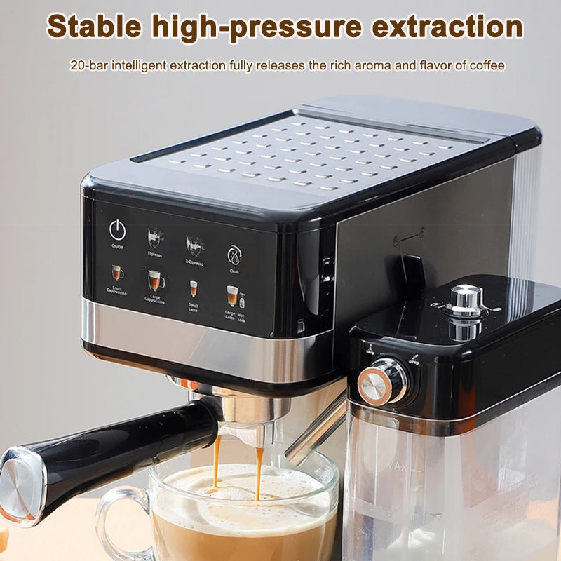 Black and silver 20-bar espresso machine with touch control panel, milk reservoir, and portafilter pouring coffee.