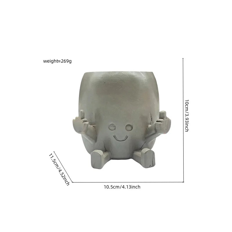 Gray mini succulent planter with smiling face and side hand details, size view