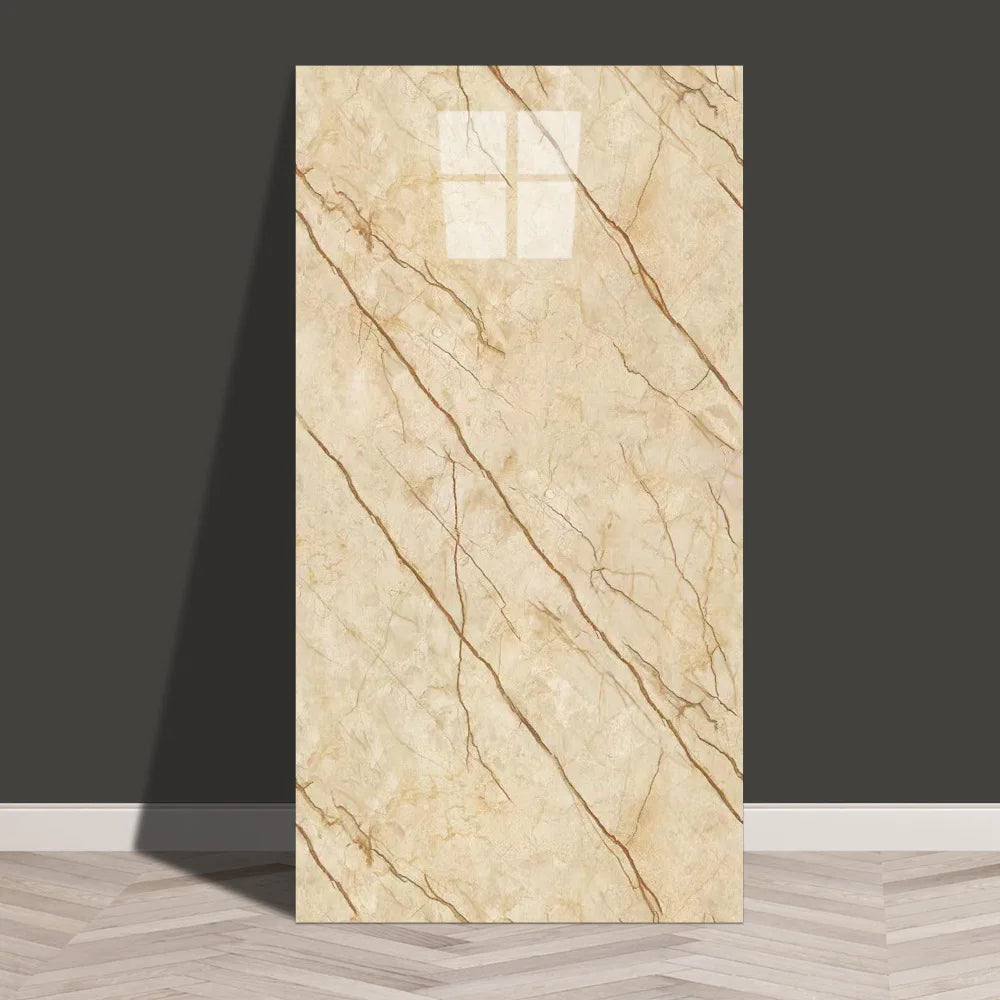 Beige marble-look self-adhesive PVC tile sticker sheet with tan veins, waterproof, 30x60cm