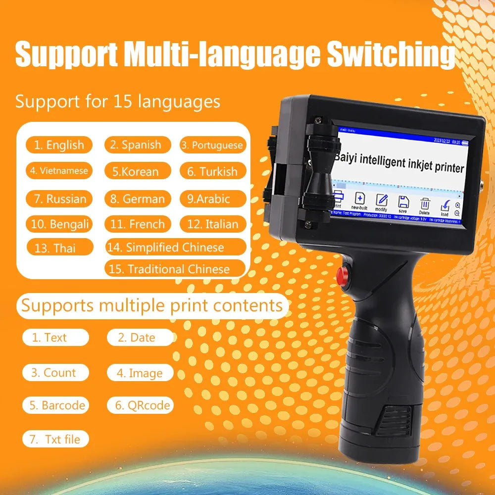 Portable handheld inkjet printer with LCD screen for multi-language switching and QR codes