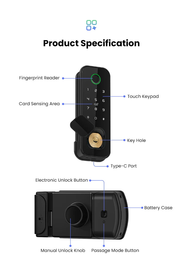 YRHAND Tuya wifi 8 language Fingerprint IP66 Waterproof Outdoor Gate Passcode Rfid Card Keyless Smart Rim Lock﻿ ﻿For home