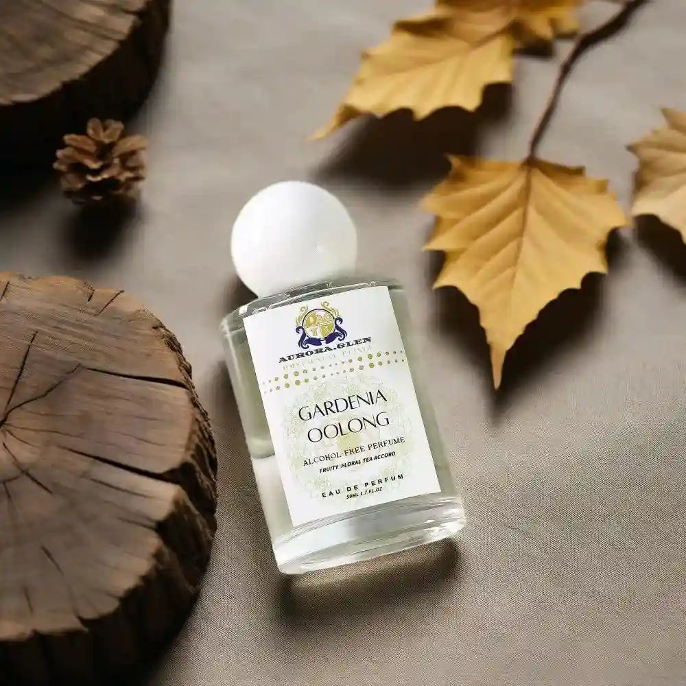 Aurora Glen Gardenia Oolong EDP, unisex floral tea perfume, 20% essential oil in a round-cap glass bottle.