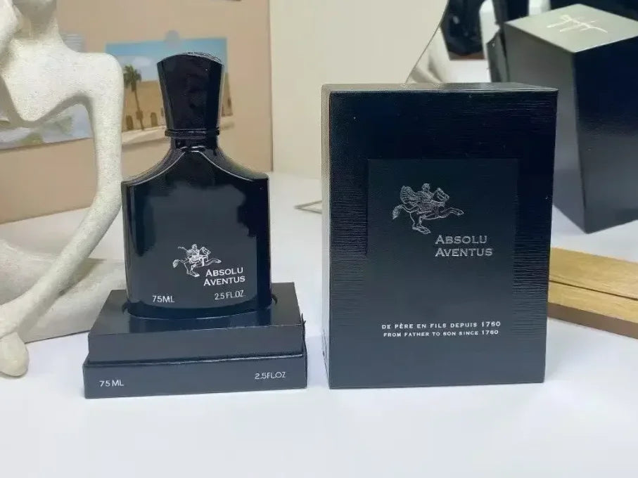 Absolu Aventus 75ml men’s parfum: black square bottle with horse logo, long-lasting fruity fragrance spray for men.