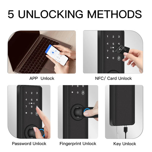 Smart door lock with keypad showing app, NFC card, fingerprint, and key unlock options