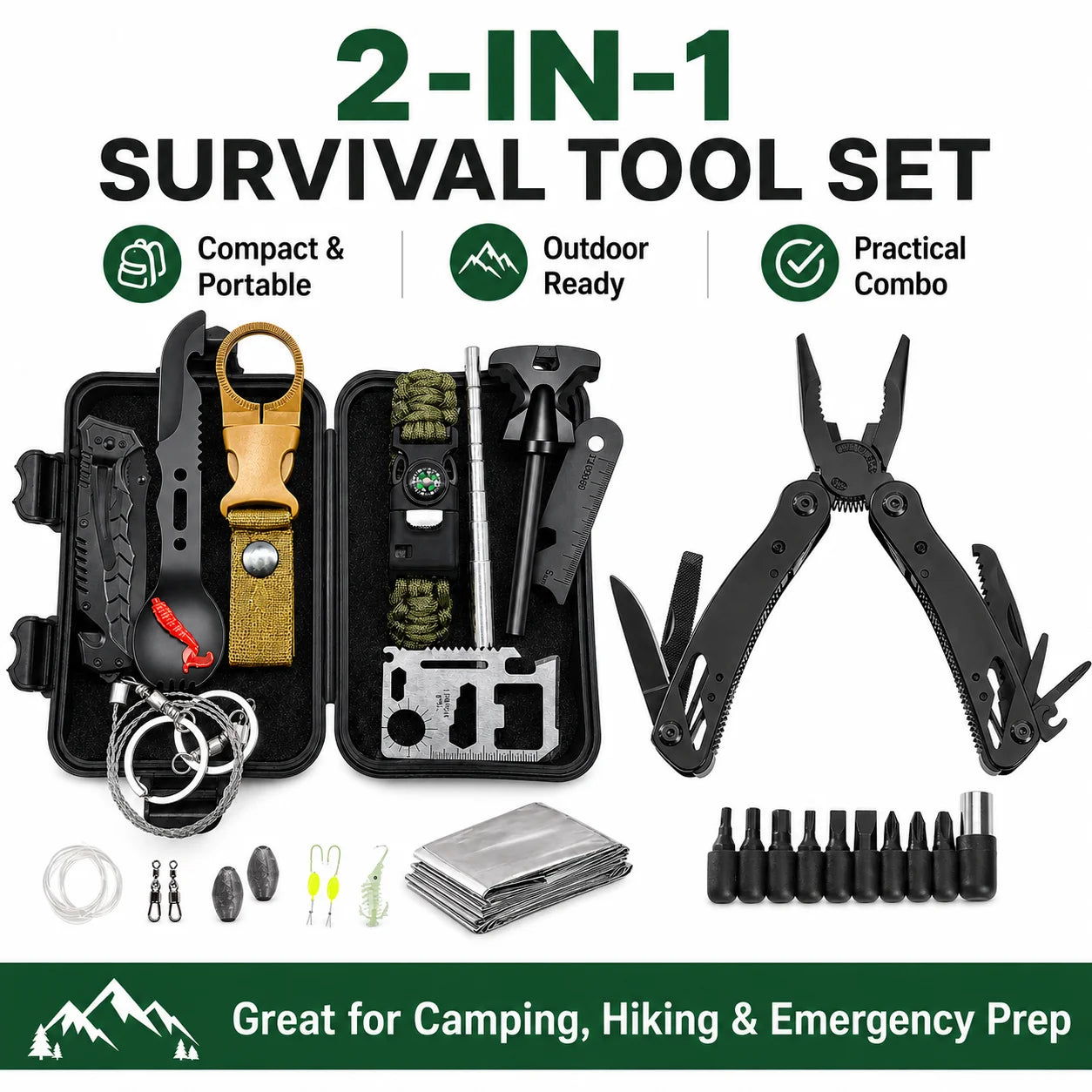 Portable 2PCS Multitool Combo Set, Emergency Survival Kit and Folding Pliers Tool with Bit Set, Outdoor Repair Gear for Camping, Hiking, Backpacking and Home Maintenance