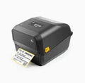 Refurbished desktop thermal barcode label printer, dark body with yellow latch and label