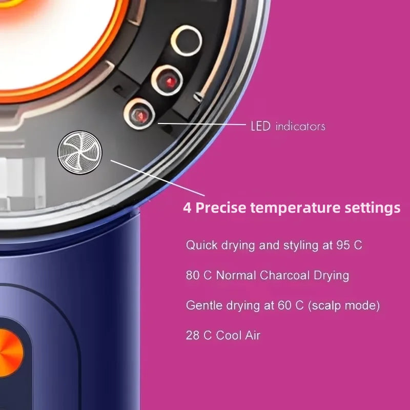 Blue high-speed leafless hair dryer with LED indicators and 4 precise temperature settings for professional styling.
