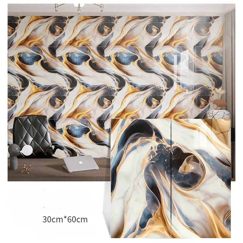 Marble-effect tile wall stickers, swirling gold, white, and blue marble, 30x60 cm