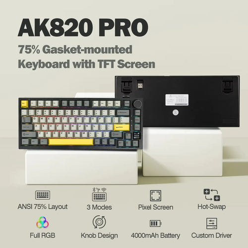 Ajazz AK820 Pro: 75% gasket-mounted keyboard with TFT screen, grey/yellow keycaps, knob, and wireless/wired connectivity.