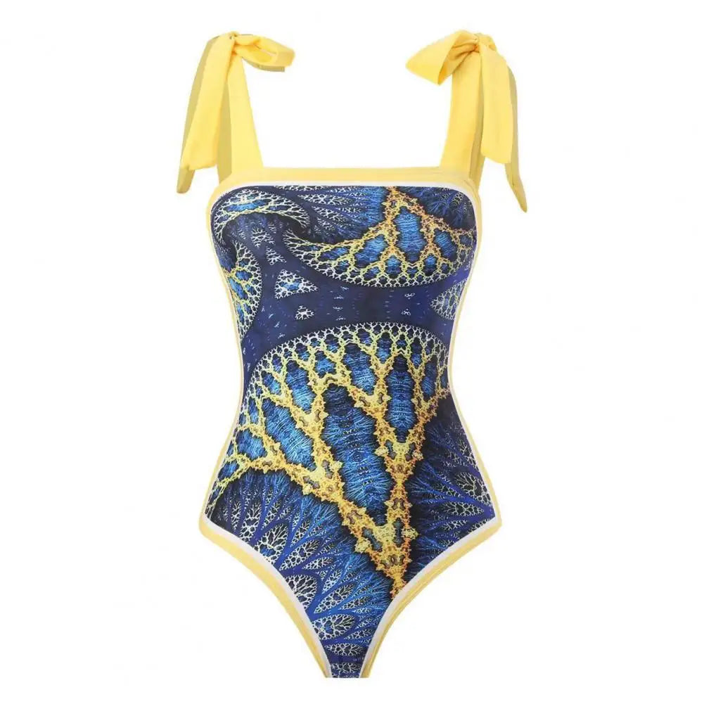 2Pcs/Set Women Monokini Suit Vintage Print One-Piece Square Neck Tie Swimsuit With Skirt Sling Lady Swimsuit With Beach Cover Up
