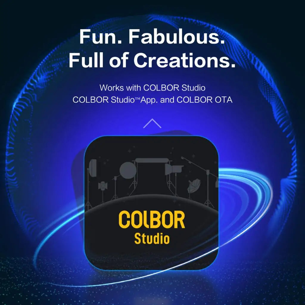 COLBOR Studio app icon, a black square with yellow text and studio lighting equipment silhouettes on a blue background.