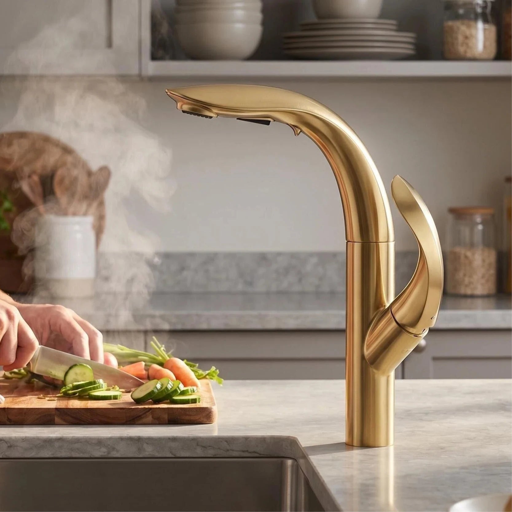 Luxury Brass Gold Touch Switch Kitchen Faucet Pull-Out Design 1 Hole Single Handle Hot and Cold Water Sink 2 Function Mixer